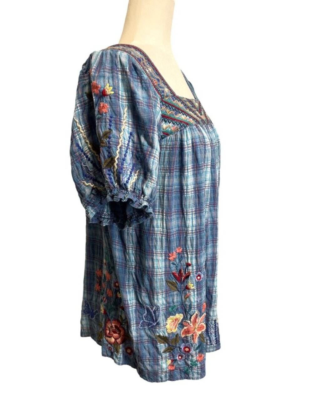 Johnny Was Workshop Women Size M Aimee Peasant Top Floral Embroidered Blue Plaid - Picture 3 of 8